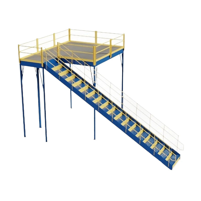 Warehouse mezzanine stairway in yellow and blue, with a railing and anti-skid Tuffdeck, ensuring safe access.