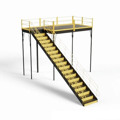 Metal stairway with yellow and black coloring, featuring a railing, providing access to a warehouse mezzanine.
