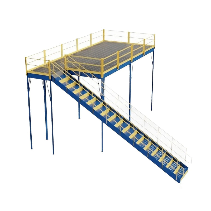 Stairway with yellow railing leading to a warehouse mezzanine, made of metal and bar grating, meeting IBC safety standards.