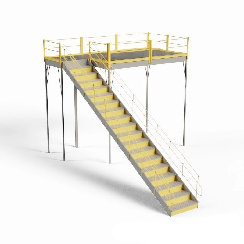 Warehouse mezzanine stairway in yellow and black, includes a railing for safety, designed for industrial use.