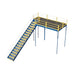 Yellow and black stairway with railing, providing safe access to a warehouse mezzanine, compliant with IBC standards.