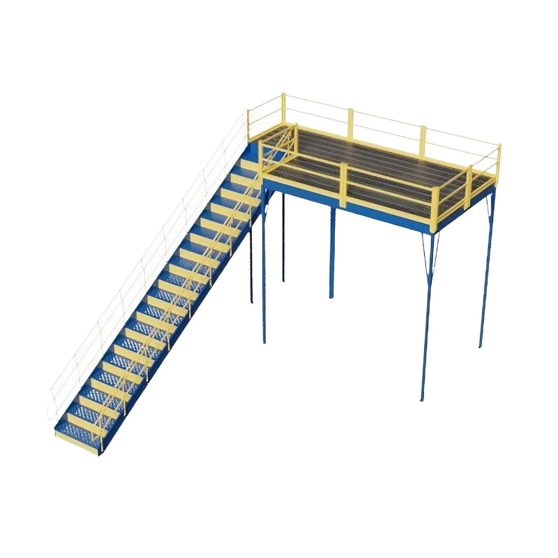 Yellow and black stairway with railing, providing safe access to a warehouse mezzanine, compliant with IBC standards.