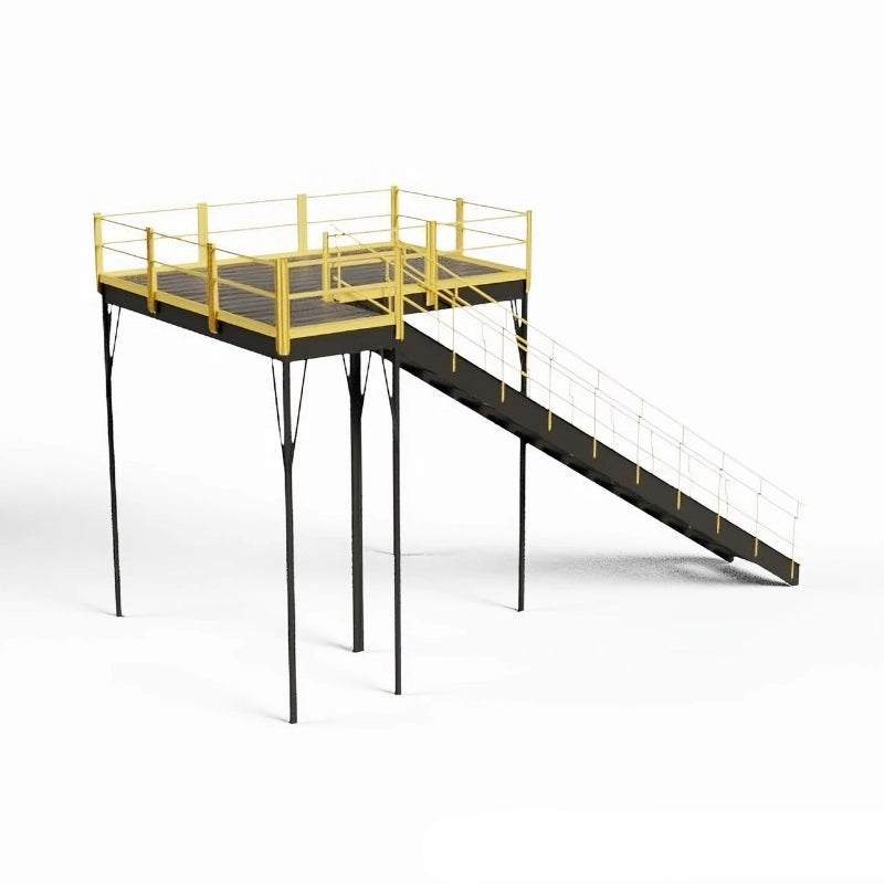 OSHA-approved steel mezzanine in a warehouse, equipped with a bar grating surface and a stairway for safe access.