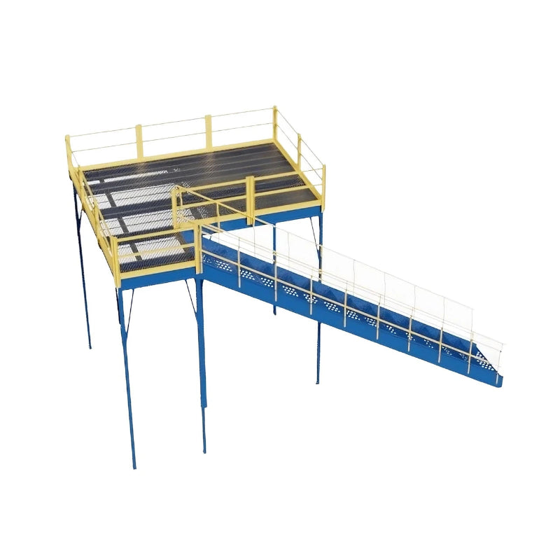 Mezzanine structure in a warehouse, featuring a steel frame, bar grating, and an OSHA-approved stairway for safe access.
