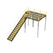 Metal stairway with a ladder, featuring yellow and black colors, for warehouse mezzanine use, IBC approved.