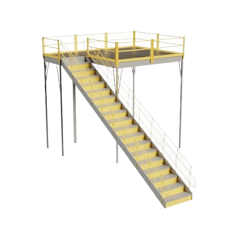 IBC approved yellow and grey perforated steel stairway with a ladder, suitable for warehouse mezzanine access.