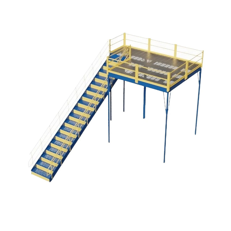 Warehouse mezzanine stairway in yellow and black, includes a ladder, made of perforated steel, IBC approved.