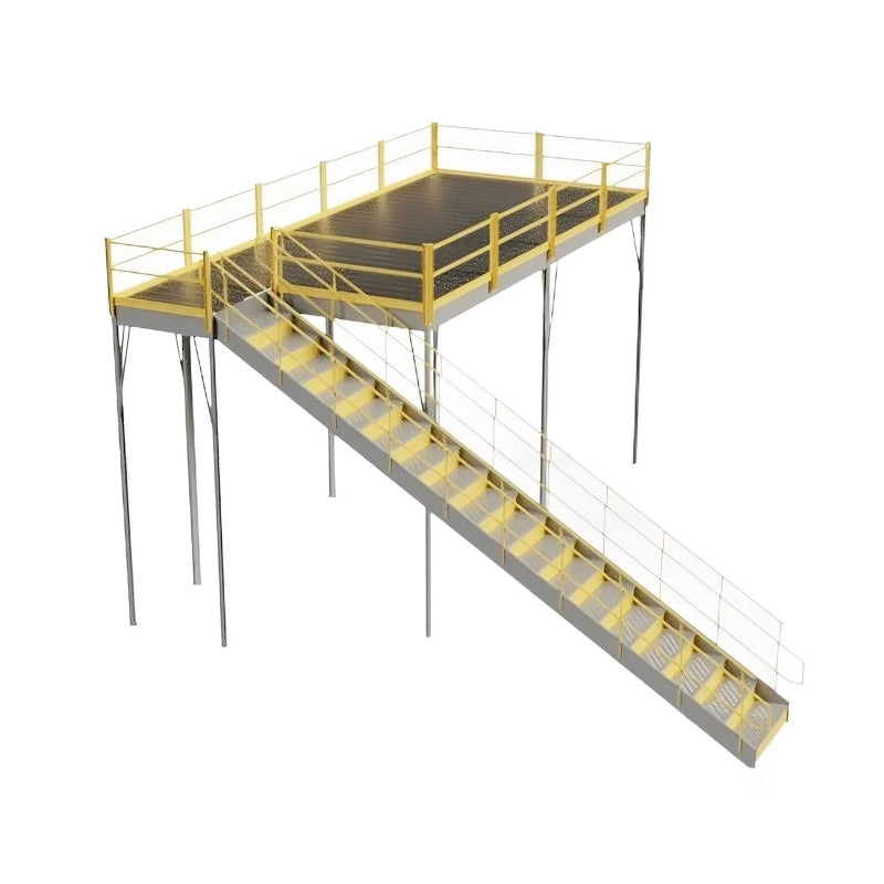 3D model of a warehouse mezzanine made of perforated steel, includes an IBC approved stairway, dimensions 120" W x 240" D x 144" H.