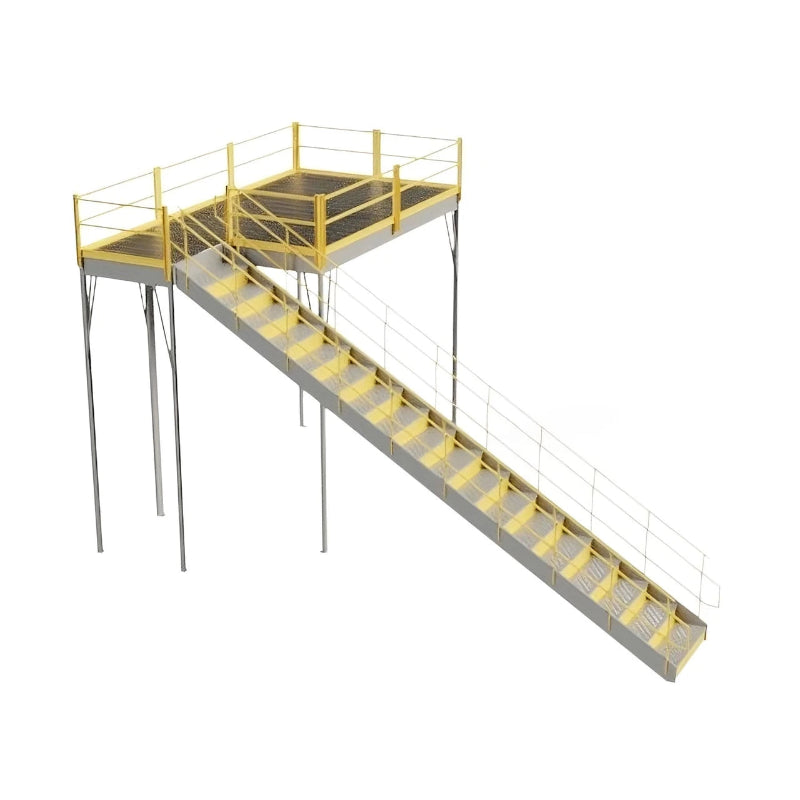 Warehouse mezzanine stairway in yellow and black, featuring a ladder, made of perforated steel, IBC approved, 144" high.
