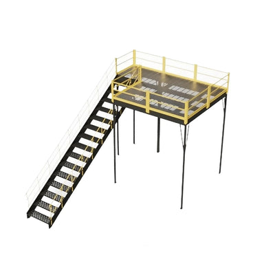 Steel mezzanine structure, 120" W x 120" D x 144" H, with a ladder and OSHA-approved stairway for safe access.