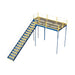 Metal stairway with ladder, yellow and black, for warehouse mezzanine use, IBC approved, dimensions 144" W x 96" D x 144" H.