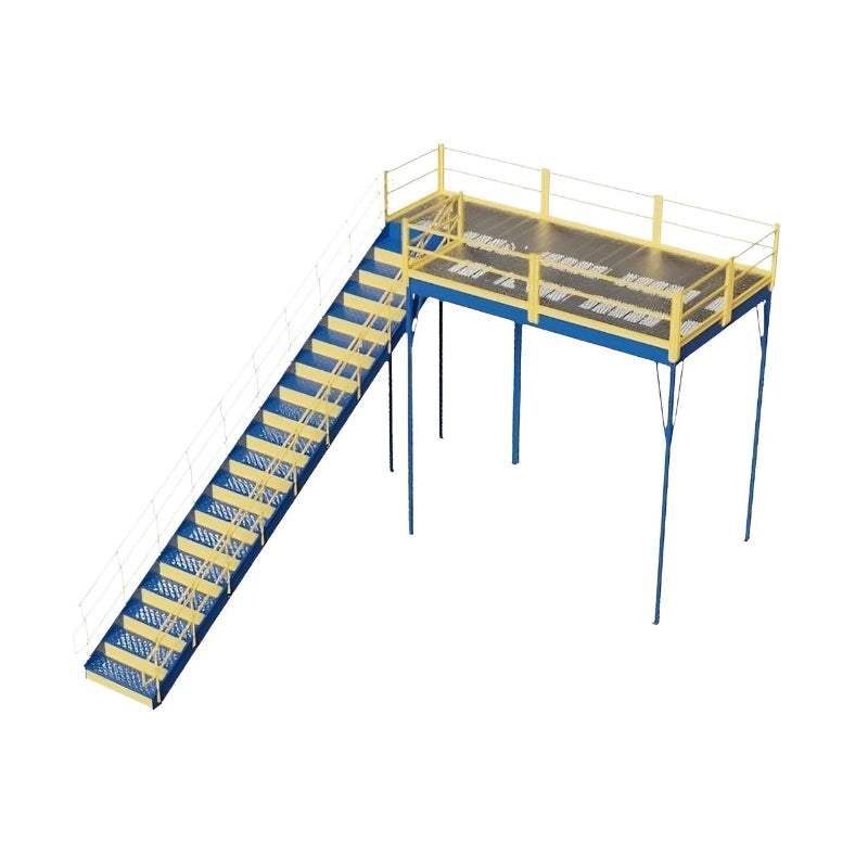 Metal stairway with ladder, yellow and black, for warehouse mezzanine use, IBC approved, dimensions 144" W x 96" D x 144" H.