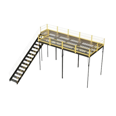 Visual representation of a steel mezzanine structure featuring an OSHA-approved stairway, measuring 120" W x 240" D x 144" H.