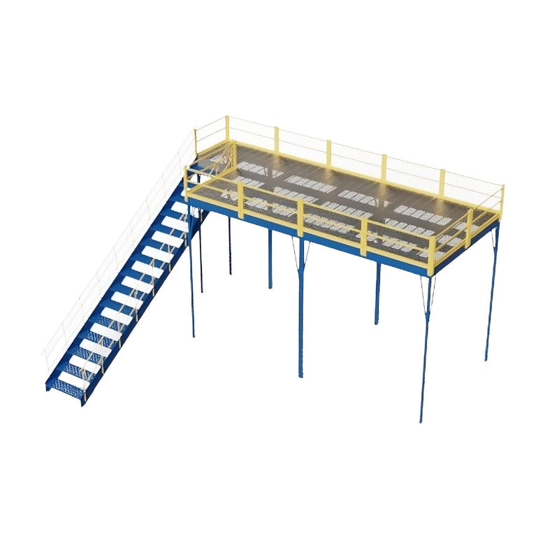 Detailed 3D image of a perforated steel mezzanine with an OSHA-approved stairway, measuring 120" W x 240" D x 144" H.