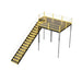 Metal stairway with yellow and black colors, equipped with a railing, providing access to a warehouse mezzanine.