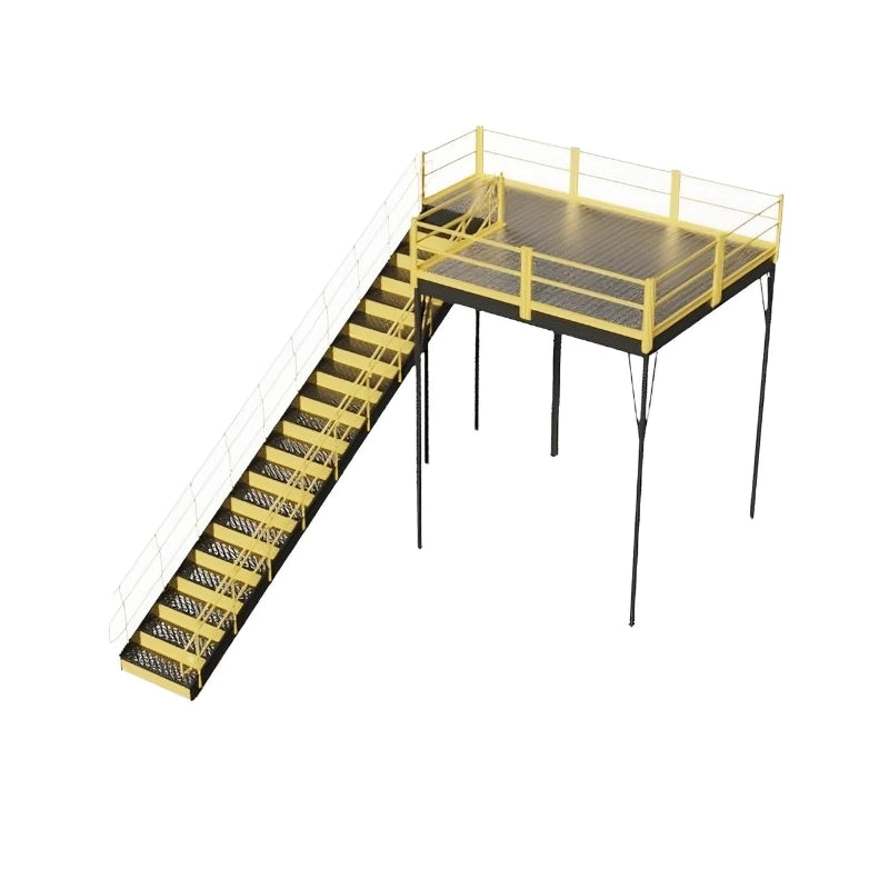 Metal stairway with yellow and black colors, equipped with a railing, providing access to a warehouse mezzanine.