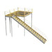 A sturdy yellow and grey stairway with a railing, designed for safe access to a warehouse mezzanine with solid steel grating.