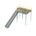 Warehouse mezzanine stairway in yellow and blue, featuring a railing and solid steel grating for safety and durability.