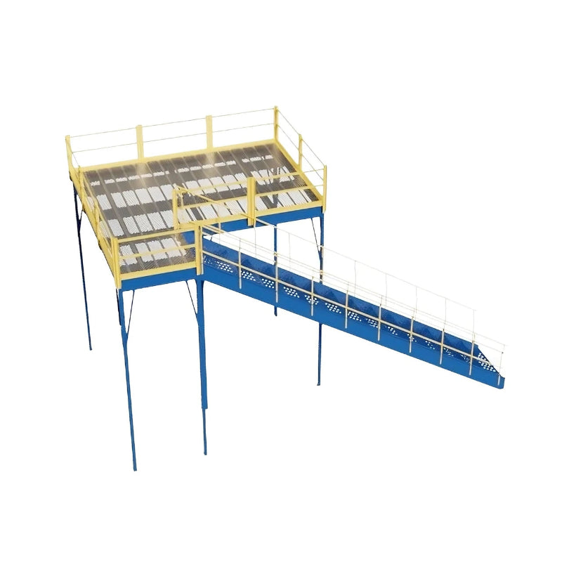 Steel mezzanine structure in a warehouse, featuring a ladder and OSHA-approved stairway, dimensions 144" W x 96" D x 144" H.