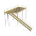 Steel mezzanine in yellow and grey, equipped with solid grating and an IBC approved stairway, dimensions 120" W x 240" D x 144" H.
