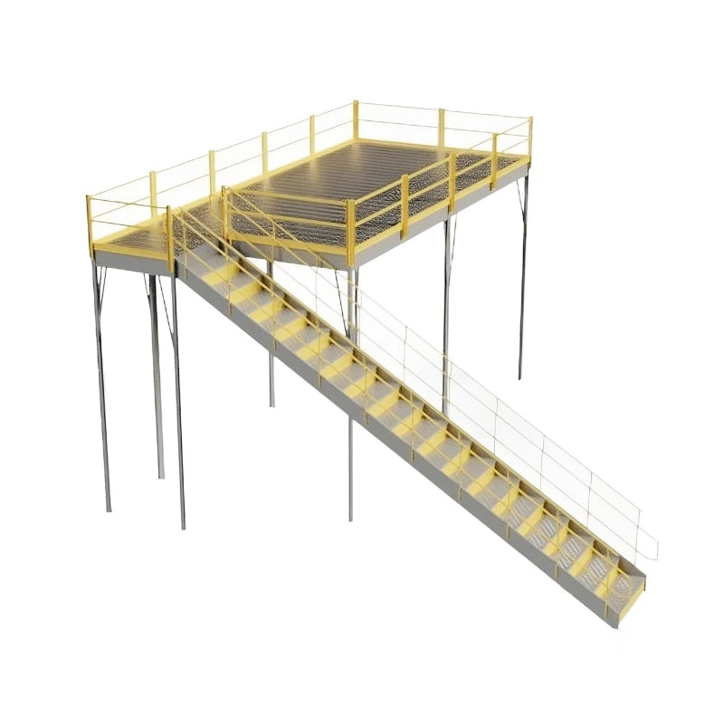 Steel mezzanine in yellow and grey, equipped with solid grating and an IBC approved stairway, dimensions 120" W x 240" D x 144" H.
