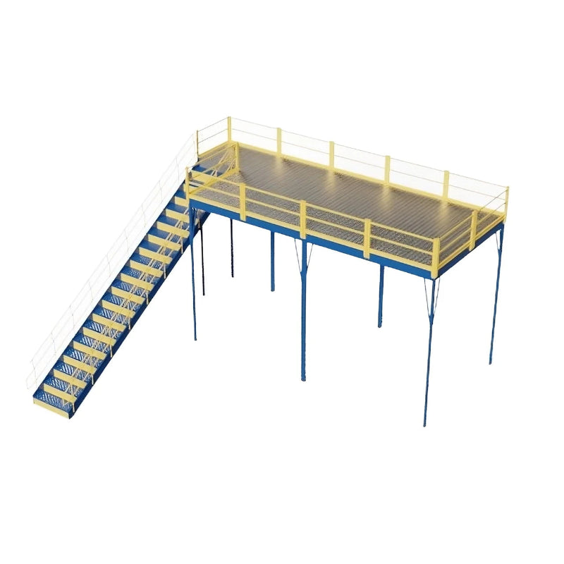 Yellow and bluesteel structure with solid grating and an IBC approved stairway, dimensions 120" W x 240" D x 144" H.