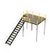 OSHA-approved yellow and black metal stairway with a ladder, providing access to a warehouse mezzanine with solid steel grating.