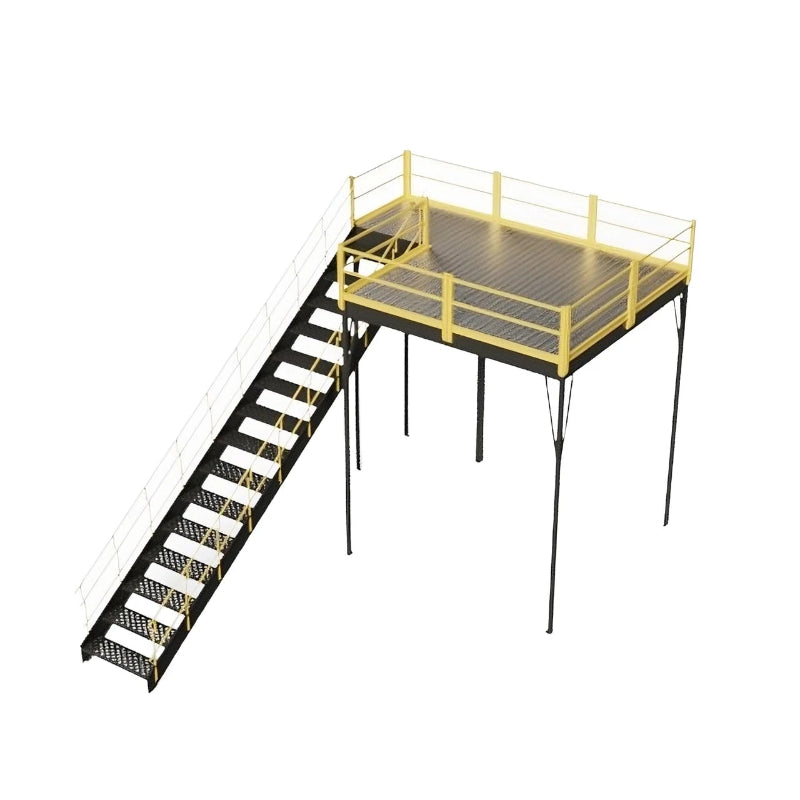 OSHA-approved yellow and black metal stairway with a ladder, providing access to a warehouse mezzanine with solid steel grating.