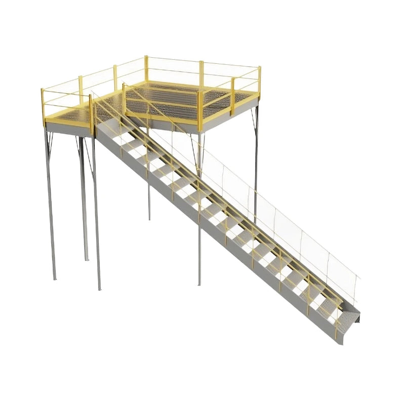  Metal stairway in yellow and grey, equipped with a ladder, leading to a warehouse mezzanine with solid steel grating.