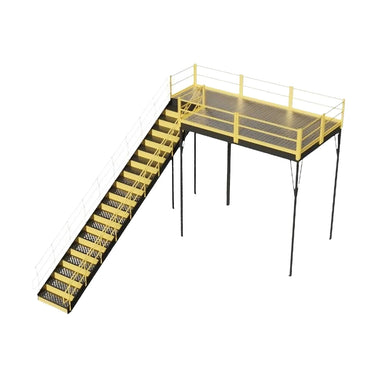 A yellow metal stairway with a railing, providing access to a warehouse mezzanine featuring solid steel grating.