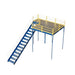 Yellow and blue stairway with a ladder, designed for a warehouse mezzanine, featuring solid steel grating and OSHA compliance.