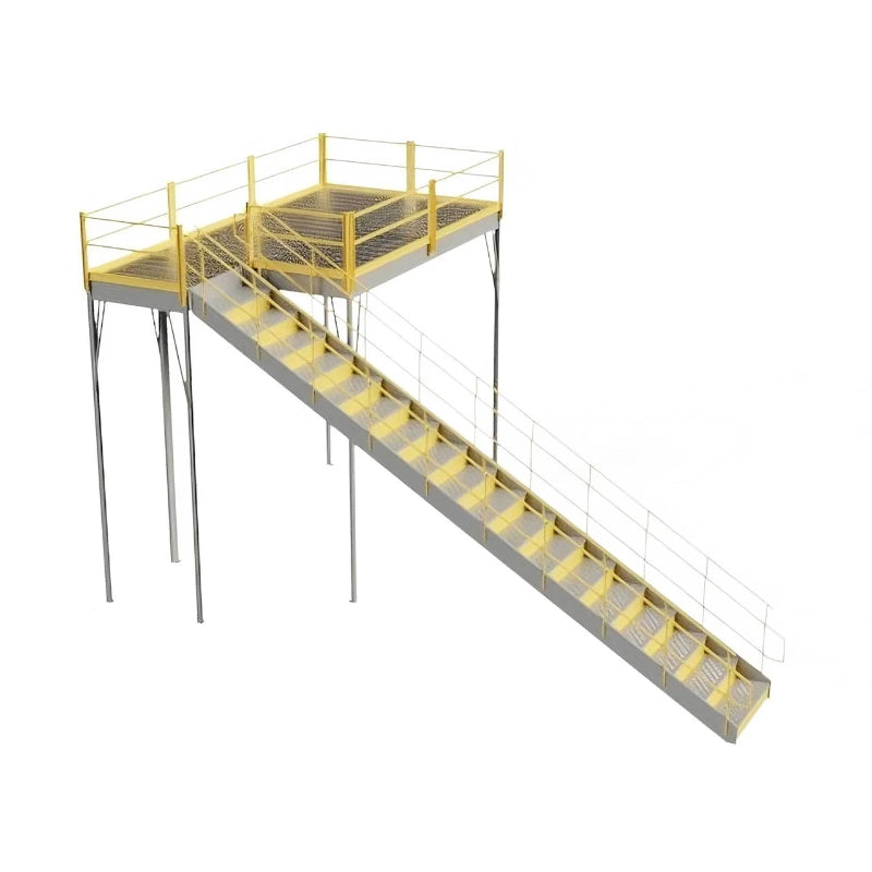 Metal stairway in yellow, equipped with a railing, leading to a solid steel grating mezzanine in a warehouse setting.