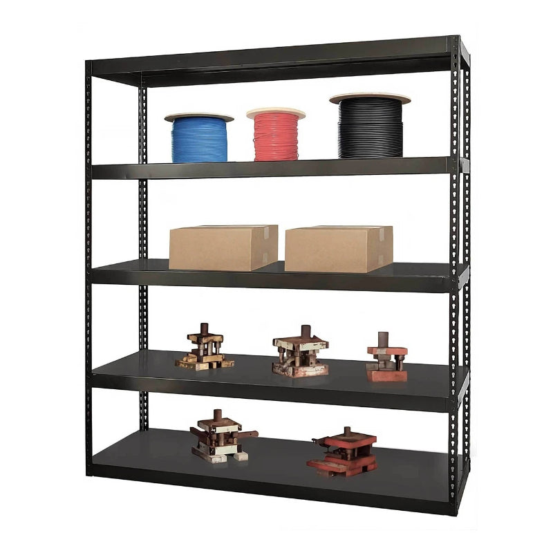 Black Hallowell steel boltless shelving with five shelf levels