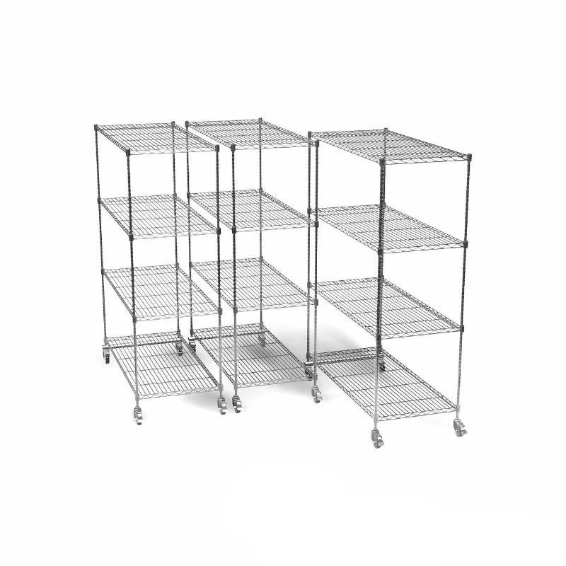 Pull-out wire shelving system with multiple mobile storage units, chrome finish