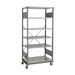 Metal shelving unit on wheels with four spacious shelves for storage and organization.