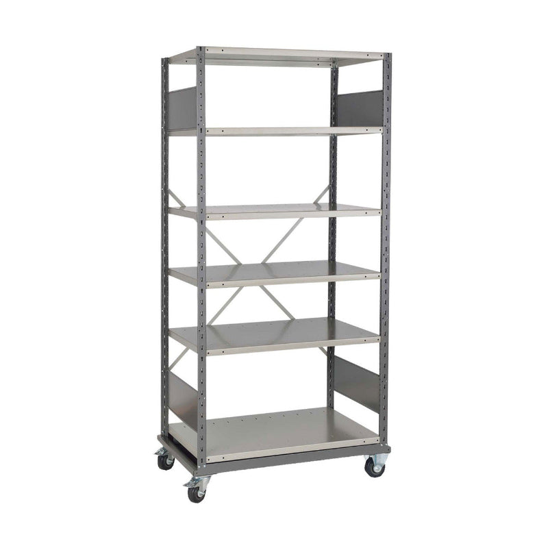 Metal shelving unit on wheels with four spacious shelves for storage and organization.