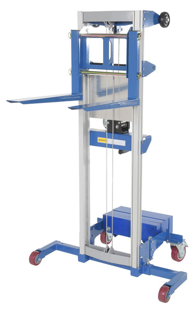 Vestil A-LIFT-CB-HP high-lift counterbalance manual stacker with forks raised.