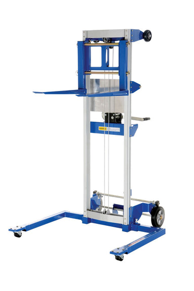 Vestil A-LIFT-S straddle manual stacker with forks raised.
