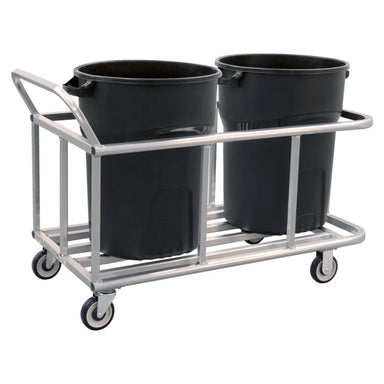 Aluminum double trash can cart with wheels, designed for 1,000 lb capacity, featuring two buckets for waste disposal.