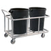 Aluminum double trash can cart with wheels, designed for 1,000 lb capacity, featuring two buckets for waste disposal.