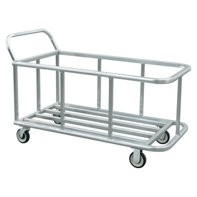 Two-bucket aluminum trash cart on wheels, capable of holding up to 1,000 lbs, ideal for efficient waste management.