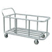 Two-bucket aluminum trash cart on wheels, capable of holding up to 1,000 lbs, ideal for efficient waste management.