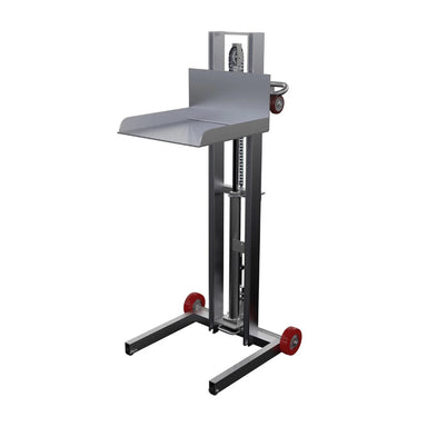 Aluminum platform hand truck with foot pump, 400 lb capacity, featuring wheels and a flat surface for transporting items.