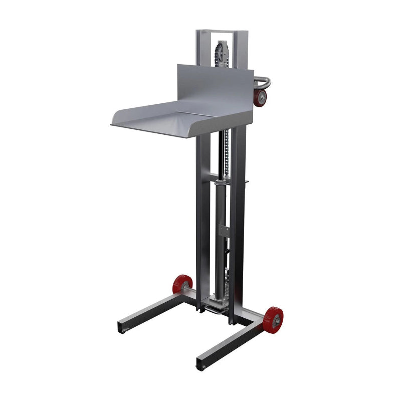 Aluminum platform hand truck with foot pump, 400 lb capacity, featuring wheels and a flat surface for transporting items.