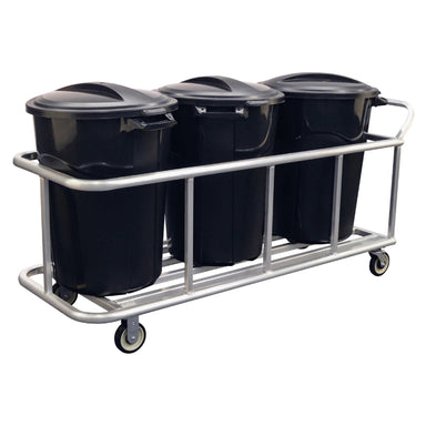 Three black trash cans mounted on a wheeled aluminum cart, designed for easy transport and a 1,000 lb capacity.