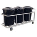 Three black trash cans mounted on a wheeled aluminum cart, designed for easy transport and a 1,000 lb capacity.