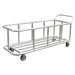 A wheeled aluminum cart holding three black trash cans, capable of supporting up to 1,000 lbs for efficient waste management.