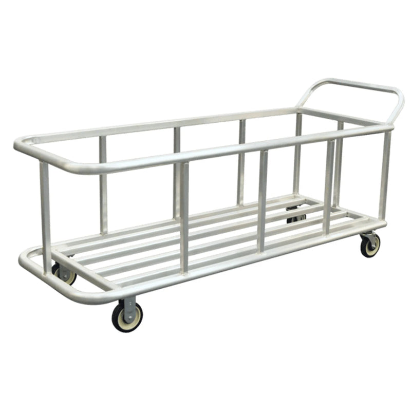 A wheeled aluminum cart holding three black trash cans, capable of supporting up to 1,000 lbs for efficient waste management.