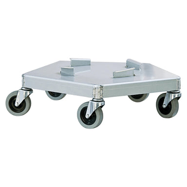 A blue metal trash can dolly featuring four sturdy metal hooks for secure attachment and easy mobility.