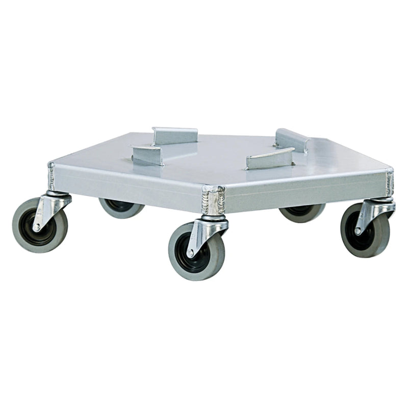 A blue metal trash can dolly featuring four sturdy metal hooks for secure attachment and easy mobility.